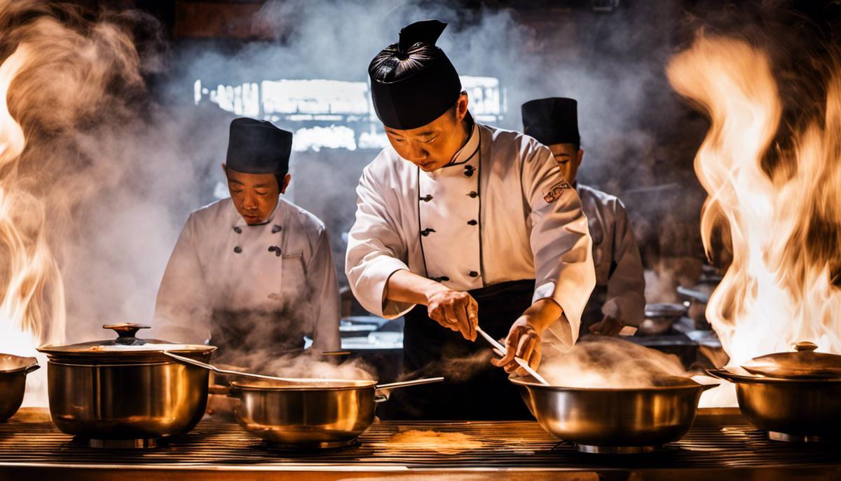 A image that shows different Chinese cooking techniques being performed
