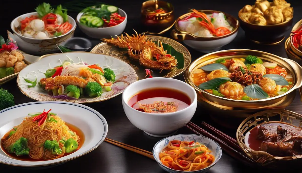 An image of the delicious Golden Dragon Cuisine with various dishes.