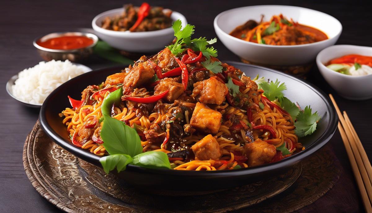 A plate of hot and spicy Indo-Chinese dish, symbolizing the fusion of Indian and Chinese flavors.