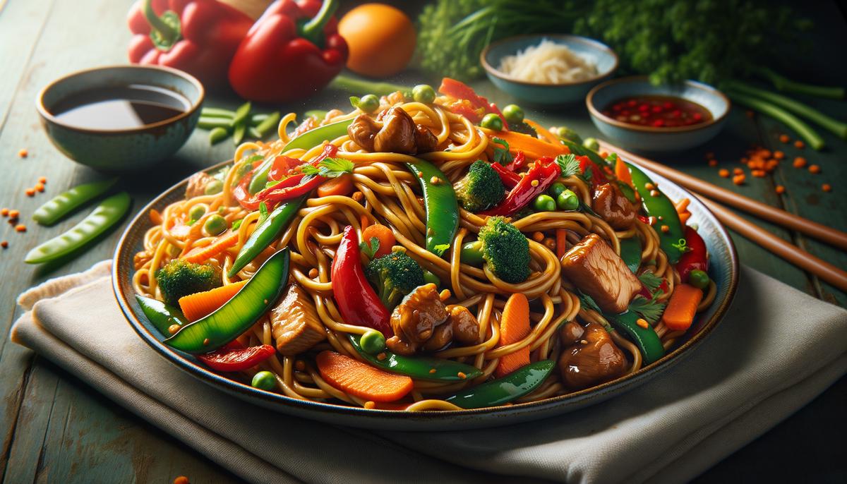 A delectable plate of perfectly twirled Lo Mein noodles with colorful vegetables and proteins, all coated in a savory sauce