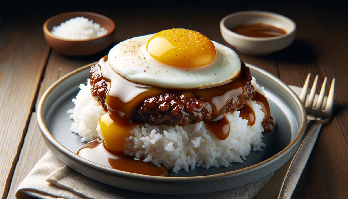 A delicious Loco Moco dish with a juicy hamburger patty, rice, over-easy egg, and savory gravy