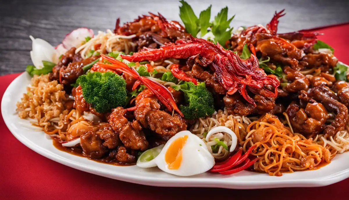Image of a plate of Red Dragon Chinese food with various dishes, showcasing the vibrant colors and textures of the cuisine