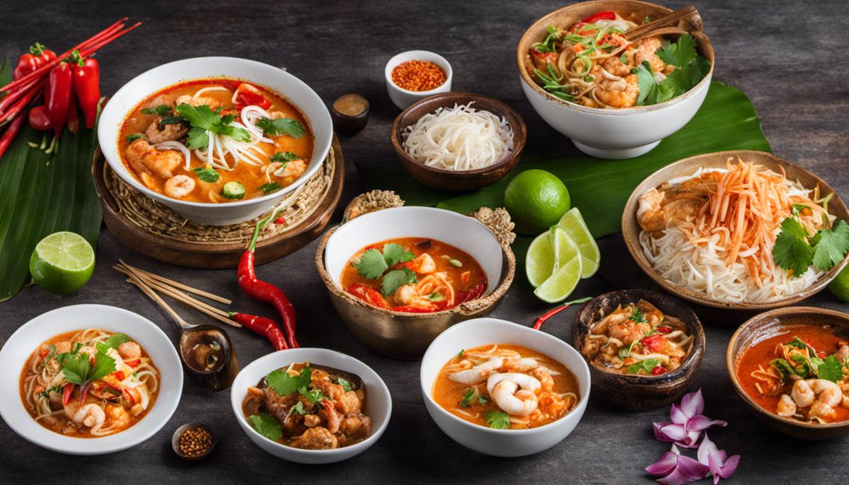 A vibrant image showcasing a variety of delicious Thai dishes, including Tom Yum Goong, Pad Thai, and Gaeng Keow Wan Kai.