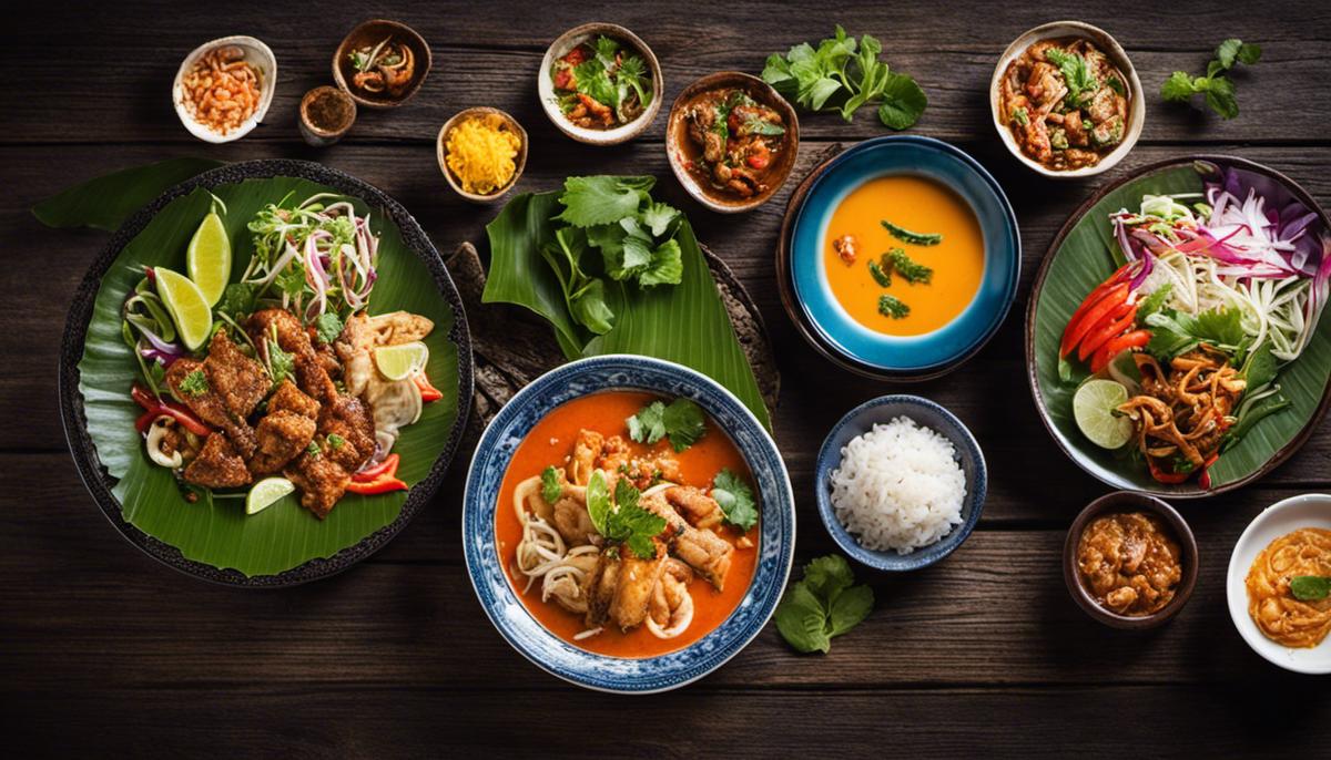 A colourful plate of Thai food featuring various dishes, representing the vibrant and diverse Thai cuisine.