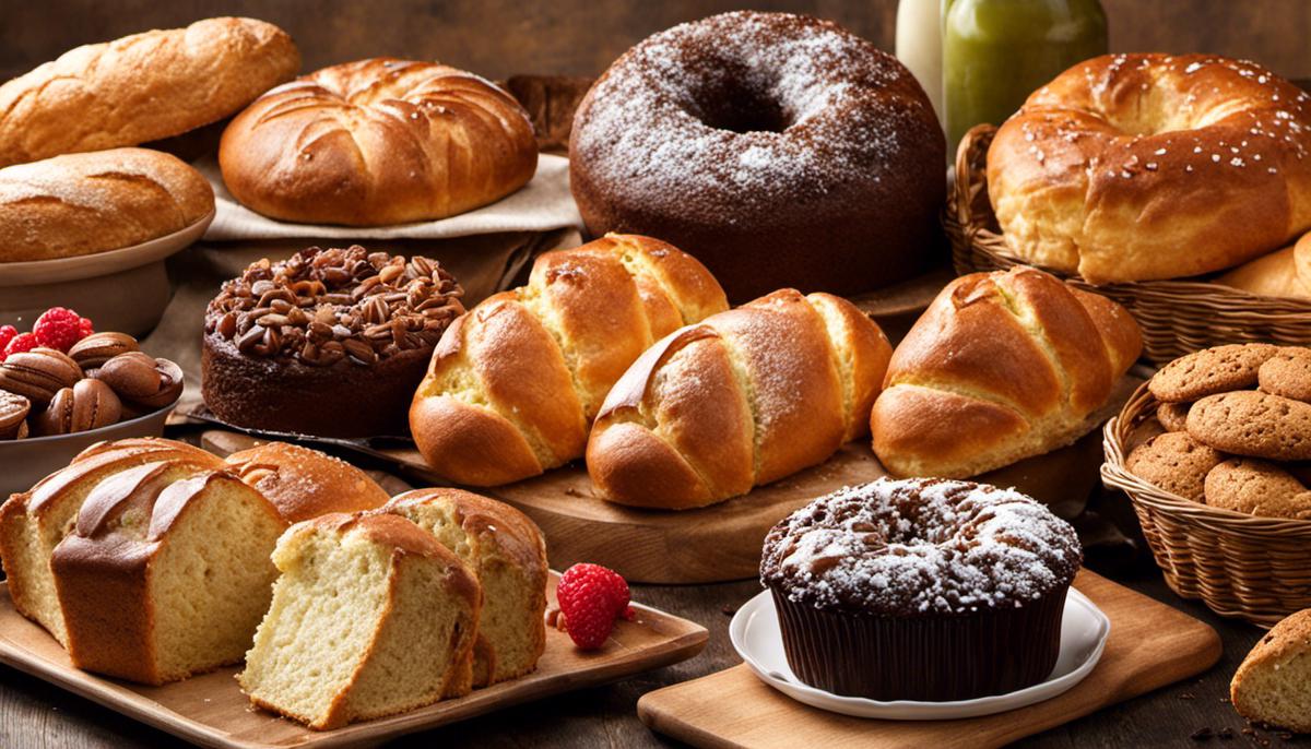 Assortment of bakery products including bread, muffins, cookies, bagels, and cakes. The image showcases the variety and deliciousness of Costco's bakery items.