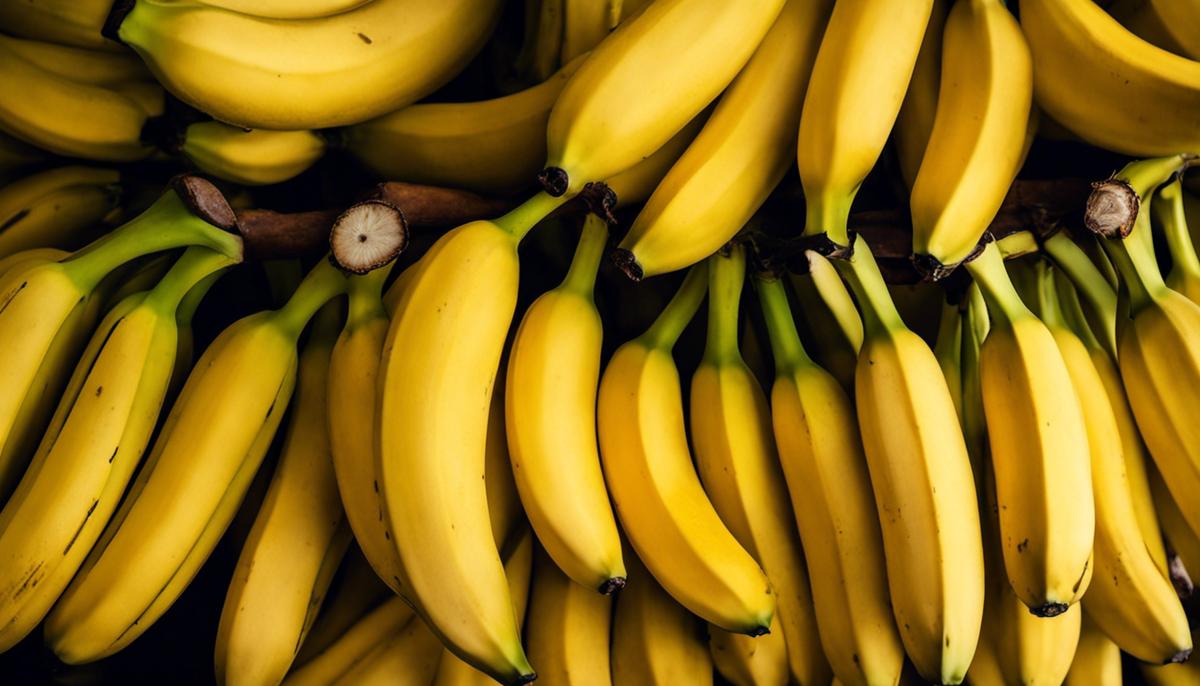 A close-up image of a bunch of ripe yellow bananas, showcasing their nutritional content.