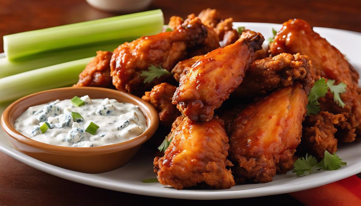 A plate of crispy and spicy buffalo wings served with celery sticks and blue cheese dip.