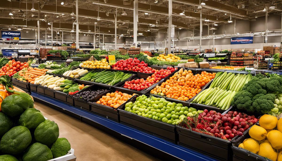 A variety of fresh produce, including fruits and vegetables, displayed neatly in a Costco store.