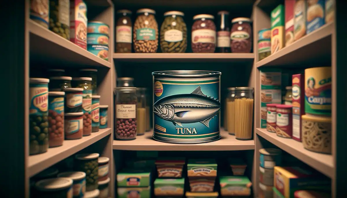Can of tuna on a shelf in a pantry