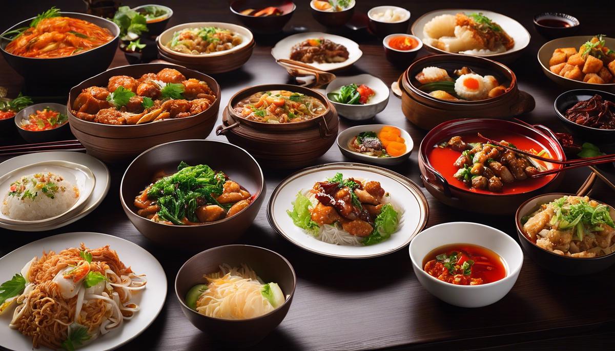 A diverse spread of authentic Chinese dishes on a table, representing the variety and richness of Chinese cuisine