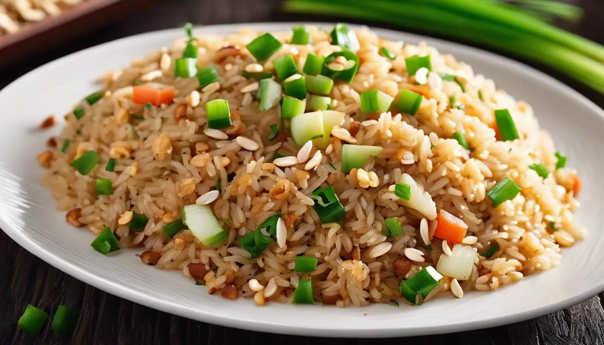 A close-up image of a plate of Chinese fried rice garnished with spring onions, sesame seeds, and crushed peanuts.
