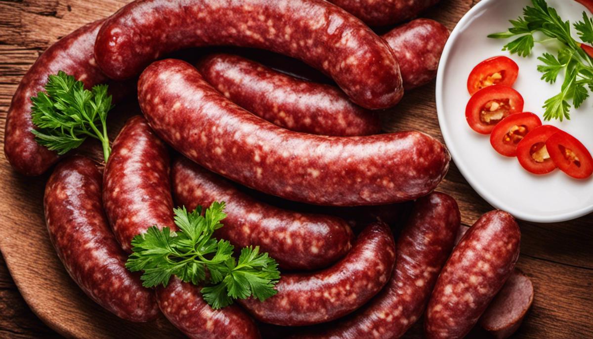A close-up image of Chinese sausages arranged on a plate, showcasing their rich color and texture.