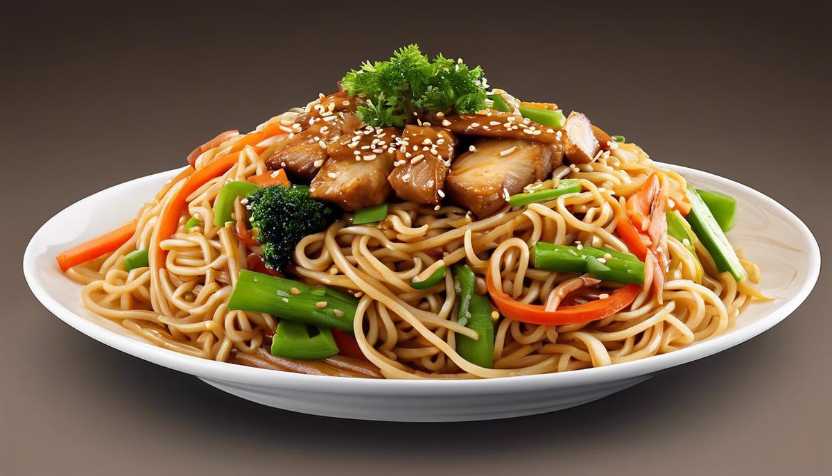 A photo of a plate of chow mein, filled with noodles, vegetables, and protein, topped with sauce, and garnished with sesame seeds