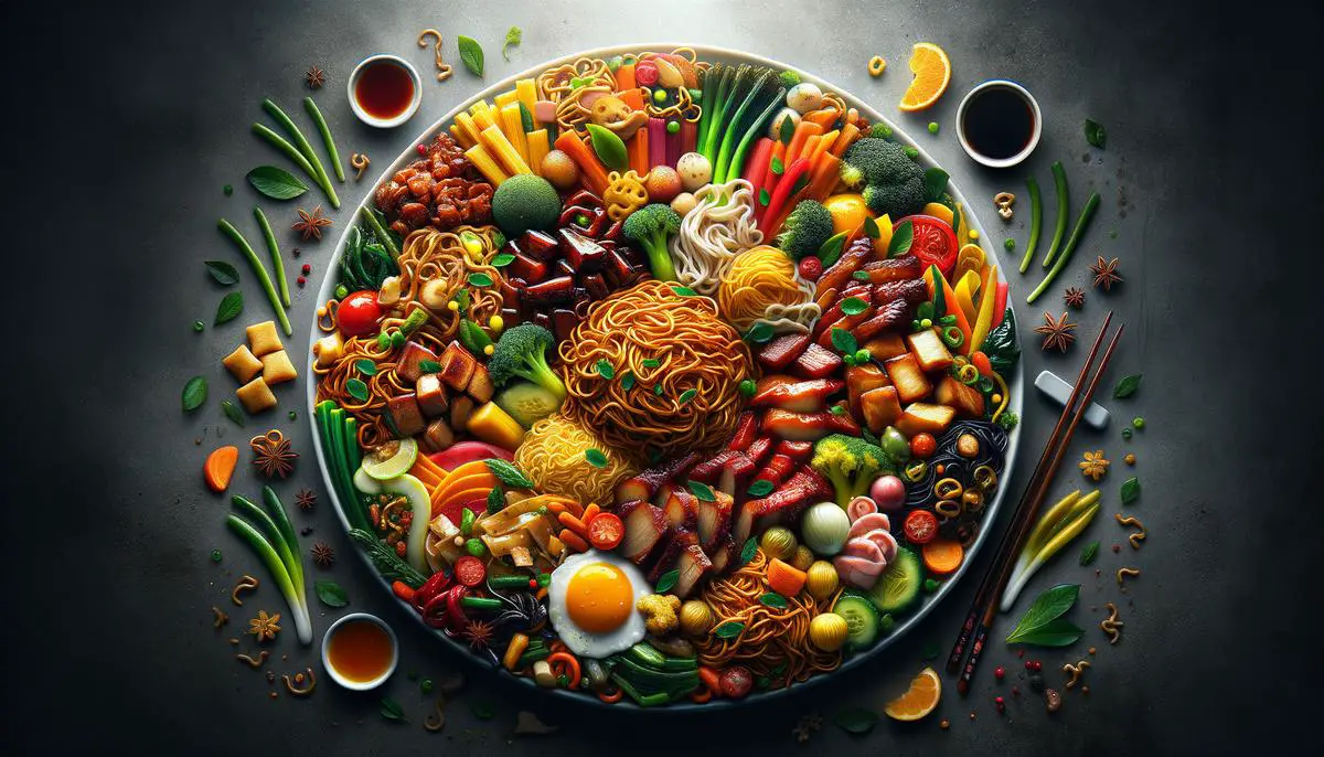 A plate of Hong Kong Style Chow Mein with various textures and colors, showcasing the artistry of noodle-making