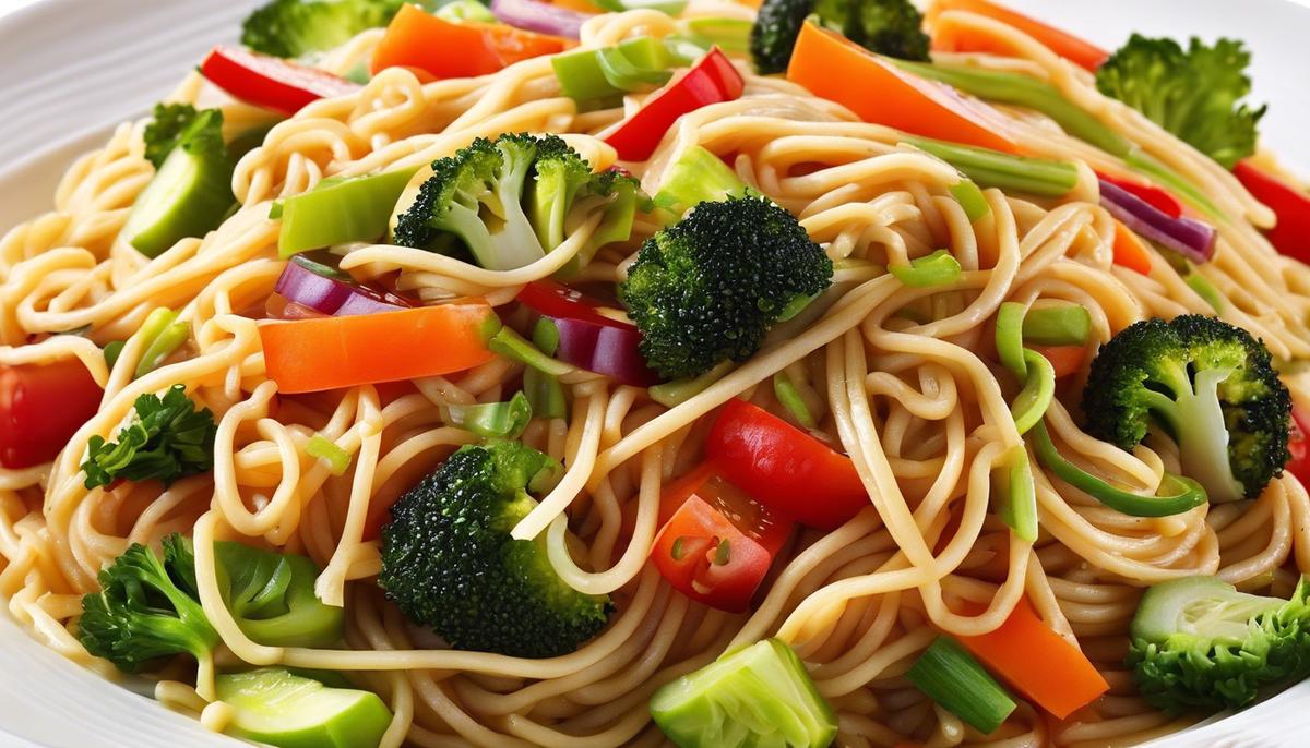 A colorful image of various fresh vegetables and noodles that are commonly used in chow mein dishes.