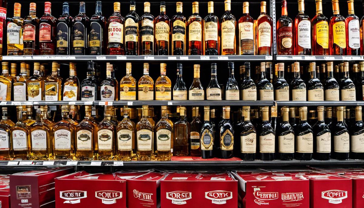 A wide variety of liquor bottles on a shelf at Costco.