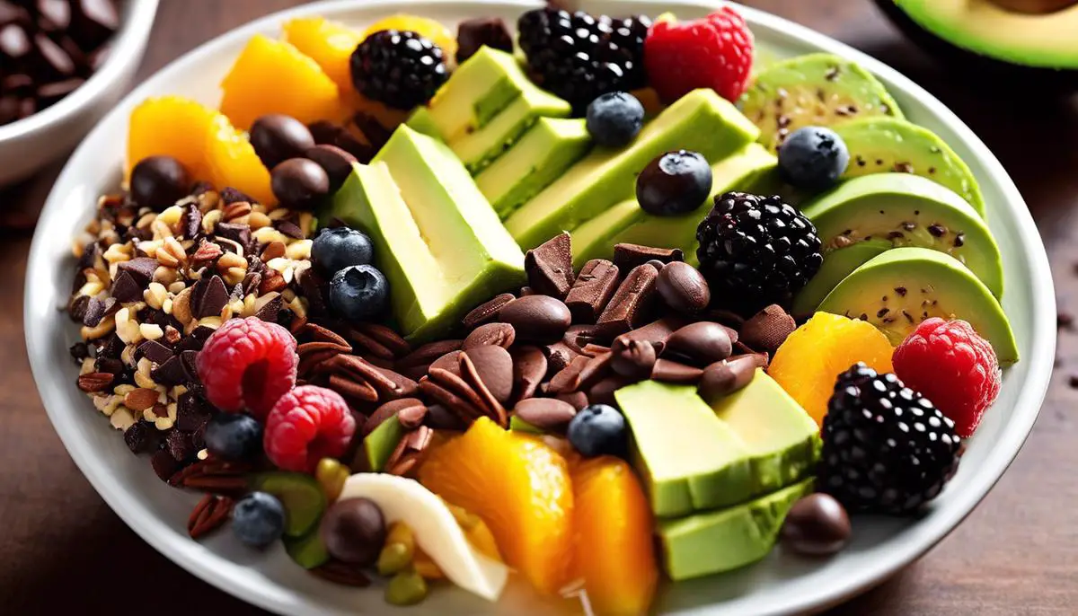 Image featuring a variety of diabetes-friendly desserts such as fruit parfaits, avocado mousse, and trail mix with dark chocolate nibs