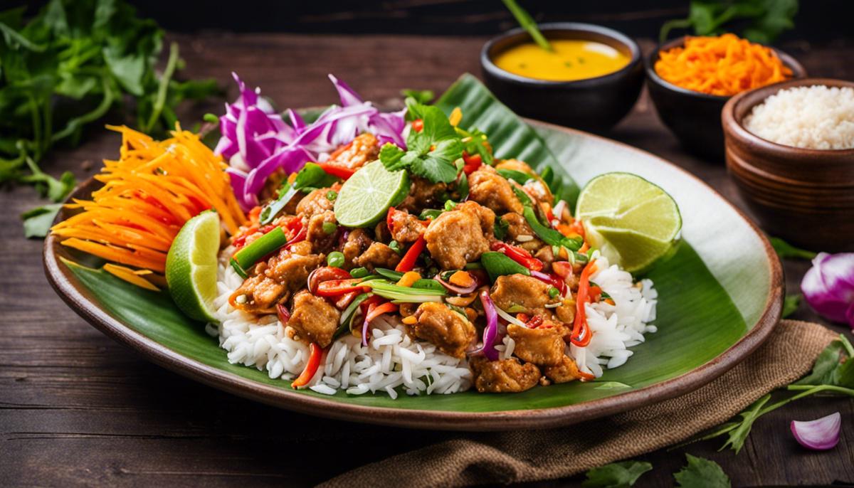 A colorful plate of Thai food with various ingredients and flavors.