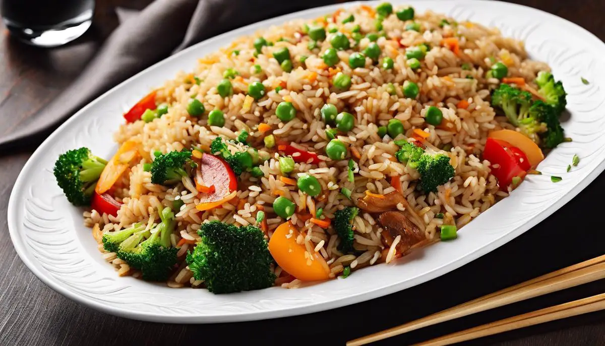 A plate of sizzling stir-fried rice with vibrant vegetables and perfectly cooked proteins, garnished with fresh herbs and sesame seeds.