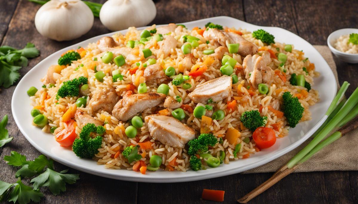 A plate of delicious fried rice with various vegetables, and chicken pieces, garnished with chopped green onions.