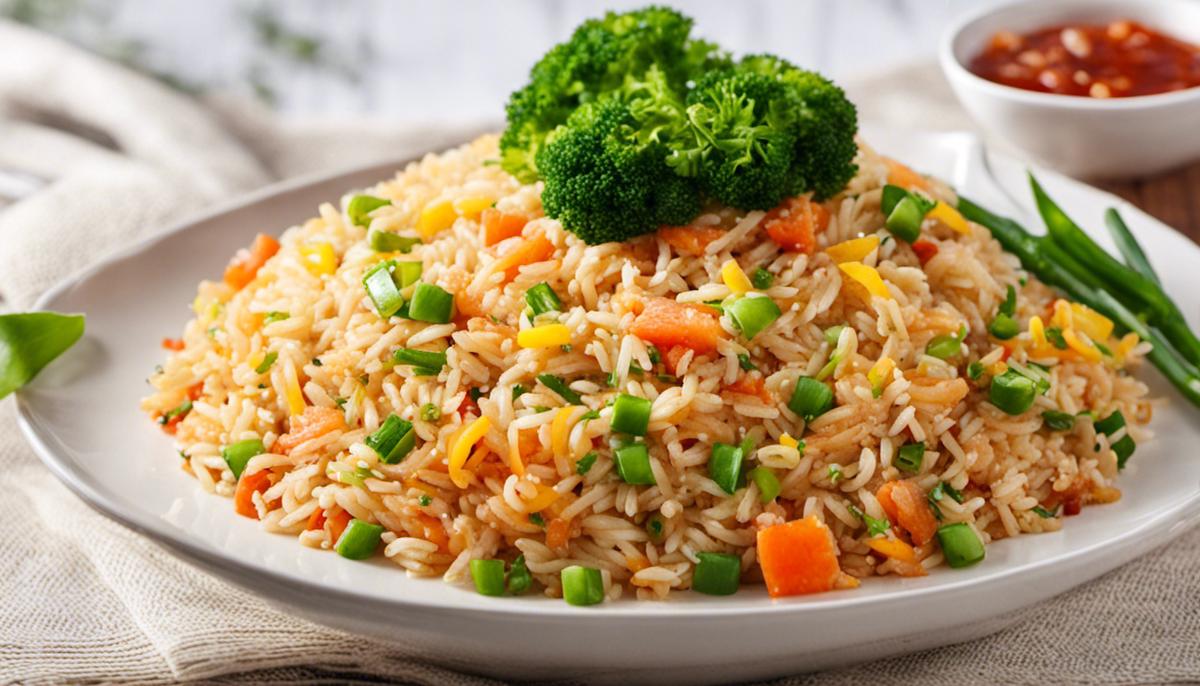 A delicious plate of fried rice with various ingredients, giving it a vibrant and appetizing appearance.