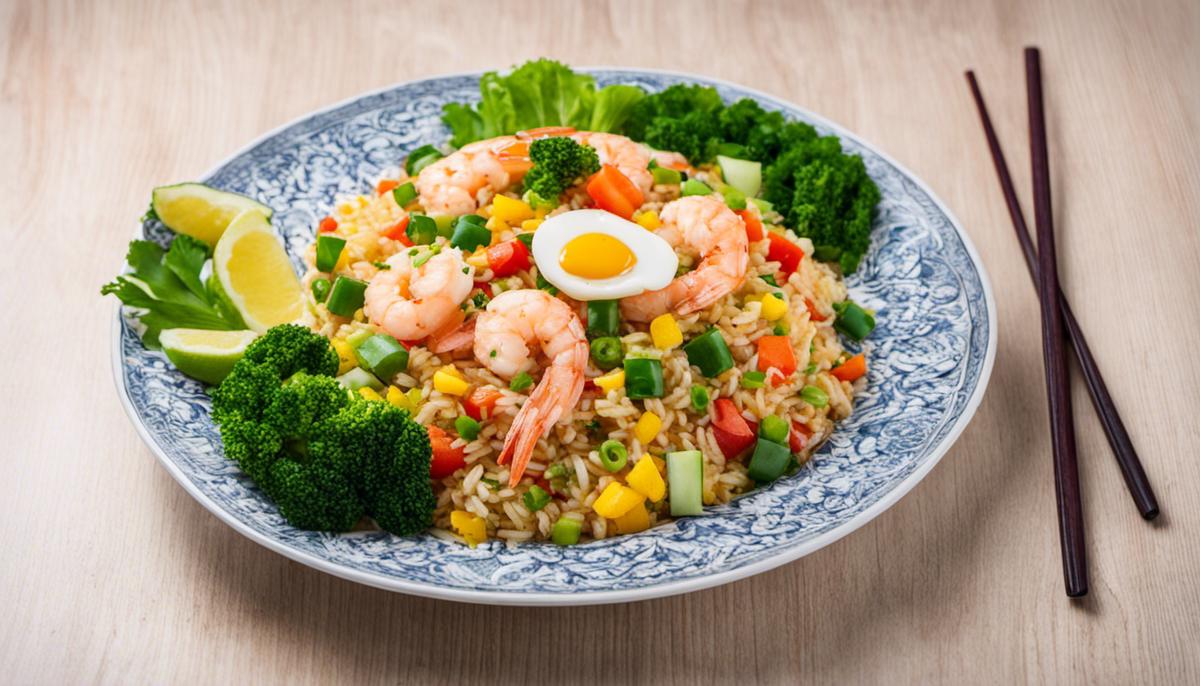 A delicious plate of fried rice with colorful vegetables, shrimp, and eggs.