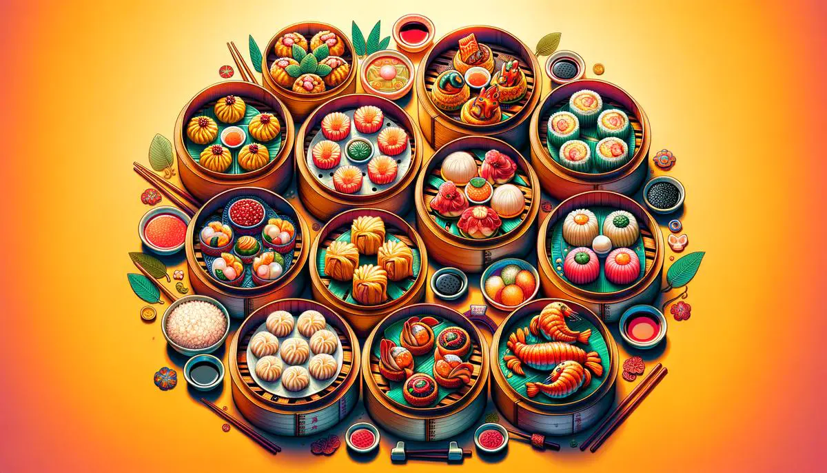 A colorful array of dim sum dishes in bamboo steamers, showcasing the artistry and history of Happy Dragon Chinese cuisine