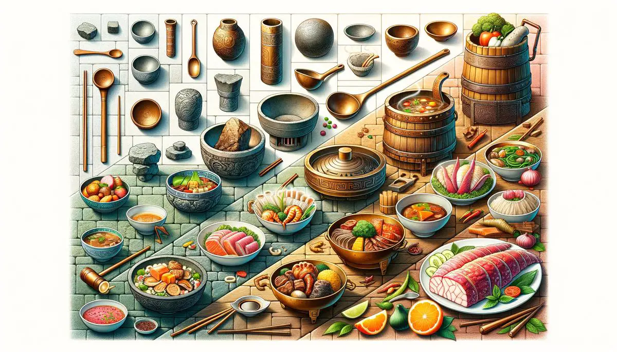 A collage of ancient Chinese cooking utensils and modern dishes, showcasing the evolution of Happy Dragon Chinese cuisine