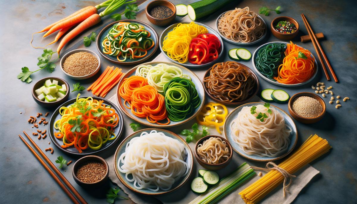 Assortment of healthy alternatives to traditional Lo Mein noodles, such as spiralized vegetable noodles, shirataki noodles, whole grain noodles, and more.
