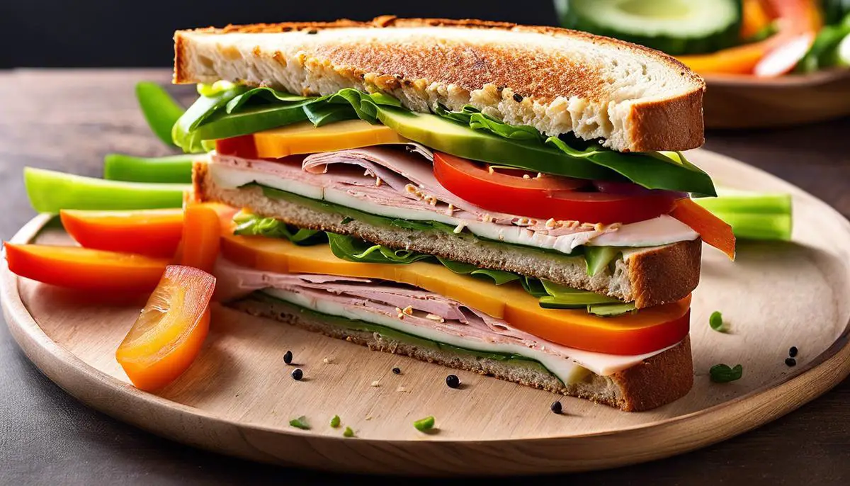 A sliced high-protein bread sandwich with colorful vegetables and turkey slices inside.