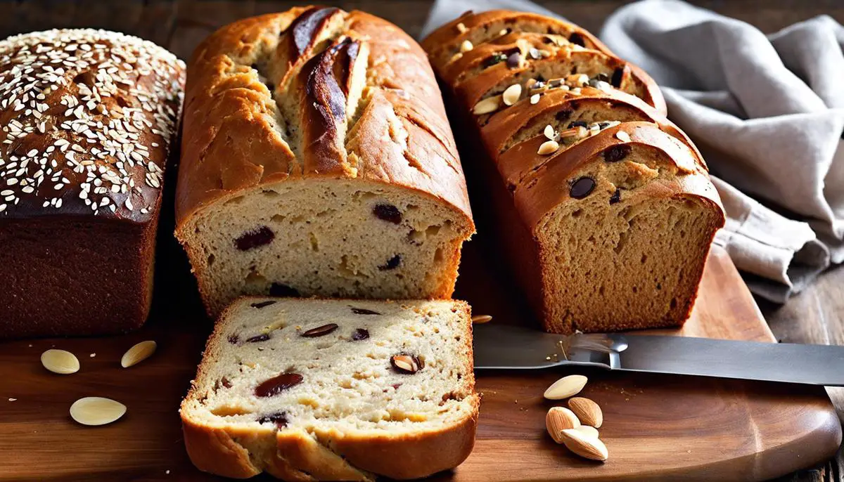 A delicious selection of high-protein bread loaves, including Whole Wheat, Quinoa Power, Almond Joy, and Garbanzo and Herb Breads.