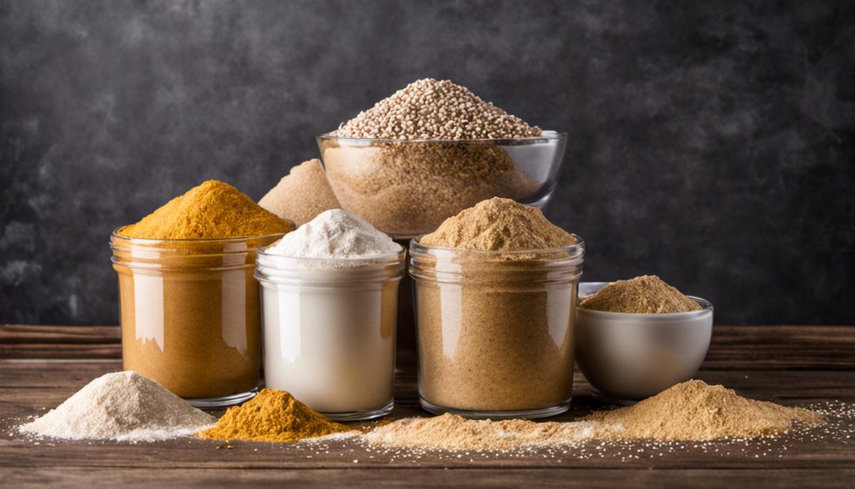 Various types of high-protein flours stacked on a wooden surface