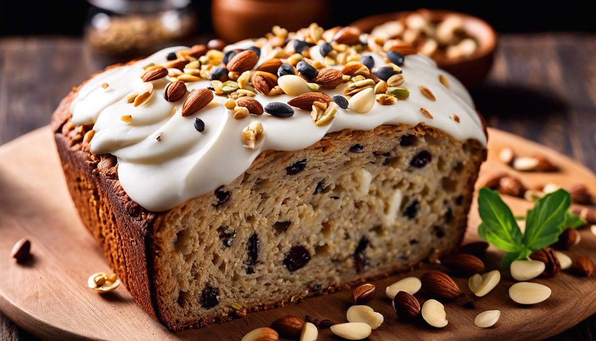 A slice of high-protein bread with seeds and nuts on top, representing its protein-packed goodness.