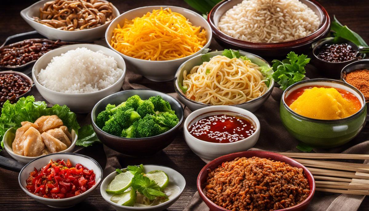 A variety of colorful Chinese ingredients including soy sauce, oyster sauce, sesame oil, five-spice powder, hoisin sauce, noodles, rice, vegetables, and proteins.