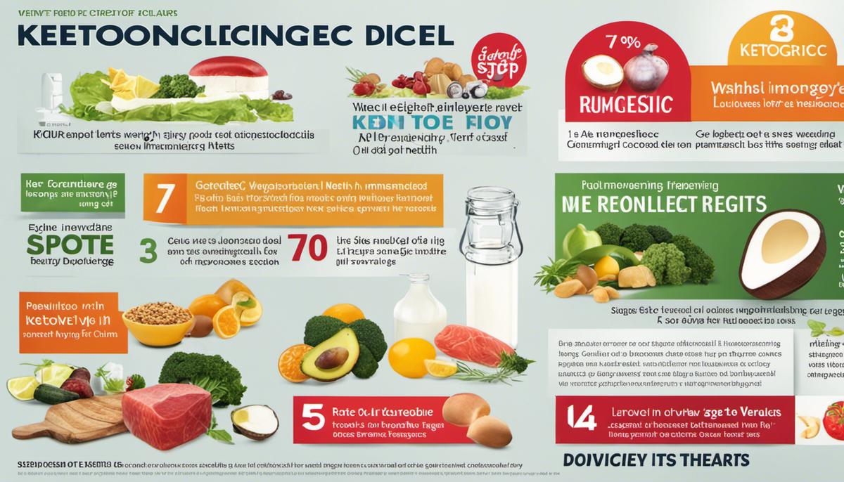 A graphic showing various benefits of the ketogenic diet, including weight loss, improved mental focus, reduced inflammation, and improved heart health.