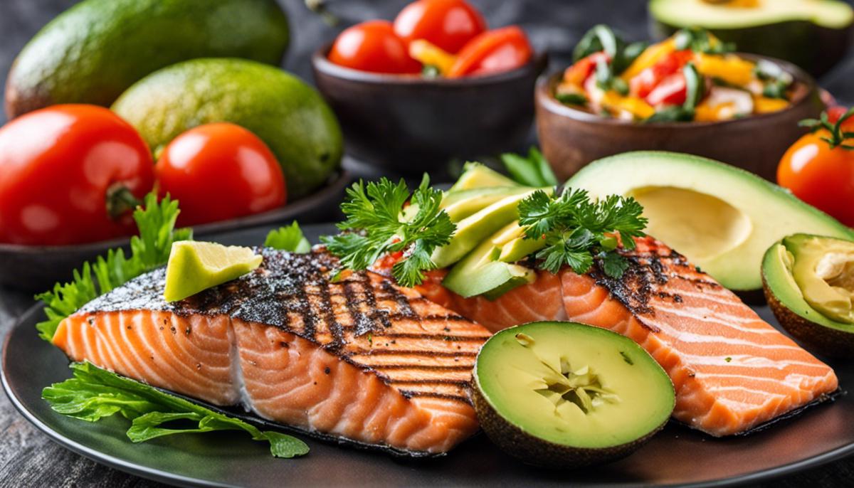 A plate with various keto-friendly foods, such as avocado, salmon, and low-carb vegetables.