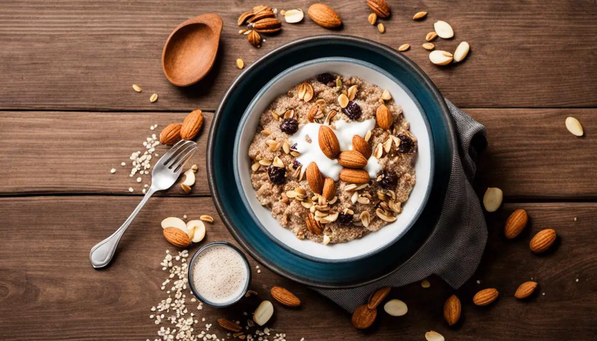 A bowl of keto-friendly cereal with flaxseeds, walnuts, coconut, and chia seeds, served with almond milk.