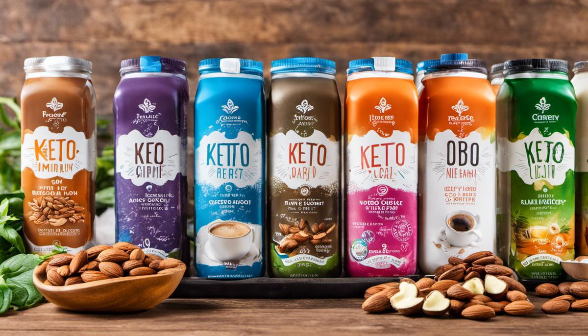 A variety of keto-friendly drinks, including flavored water, almond milk, and bulletproof coffee.
