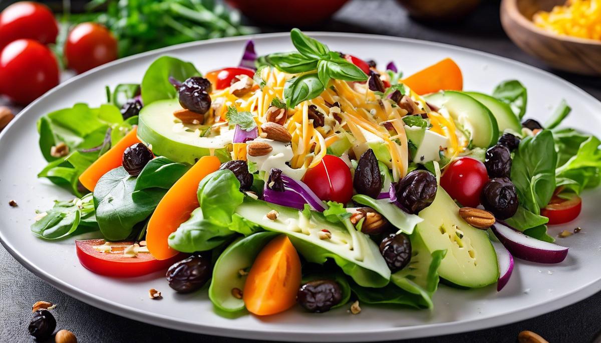 A delicious keto salad with a variety of colorful vegetables, topped with cheese and nuts, dressed with homemade dressing.