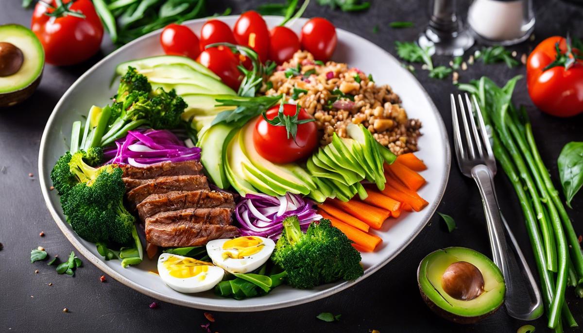 A plate of delicious keto-friendly food with a variety of colorful vegetables, healthy fats, and protein.