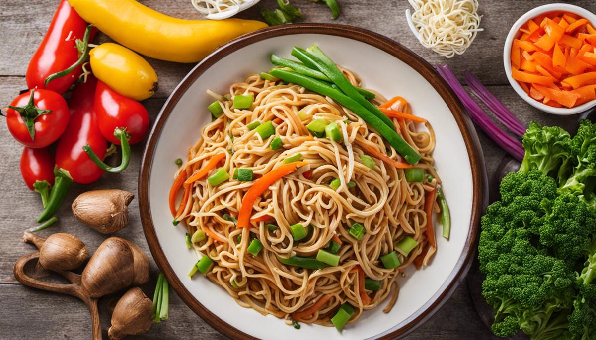 A plate of Lo Mein noodles surrounded by colorful vegetables, showcasing the diverse flavors and versatility of the dish.