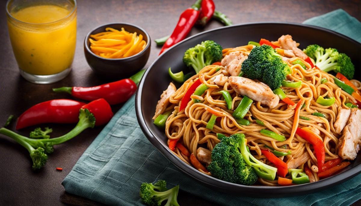 A delicious plate of Lo Mein noodles garnished with broccoli, bell peppers, and sliced chicken, demonstrating the vibrant colors and textures of the dish.