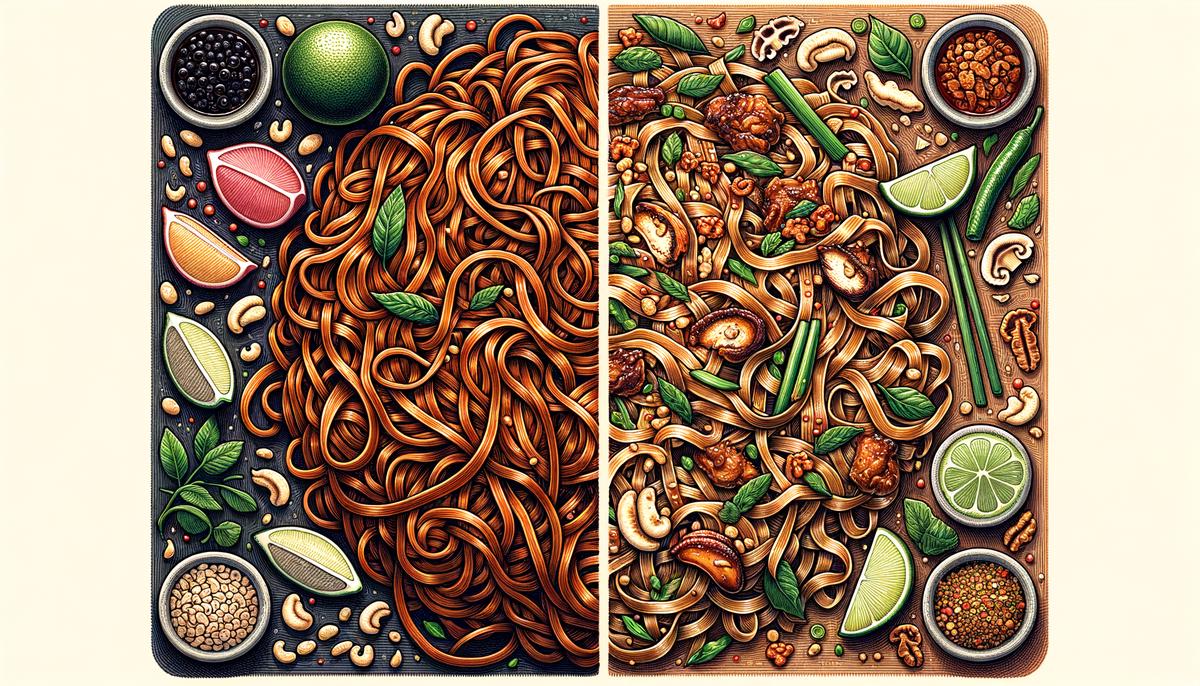 A photo comparing a plate of Lo Mein noodles with a plate of Pad Thai noodles, showcasing the differences in texture and presentation