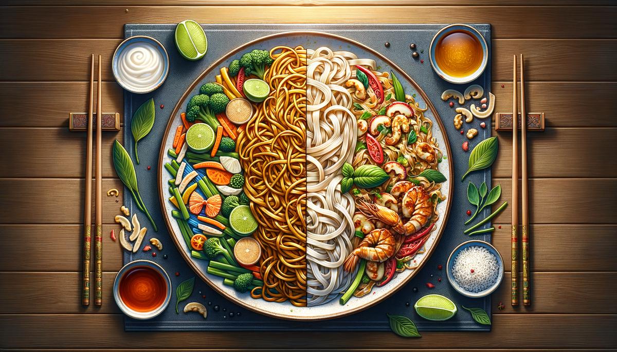 A realistic image showcasing a plate of Lo Mein and Pad Thai side by side, highlighting the vibrant colors and textures of the dishes