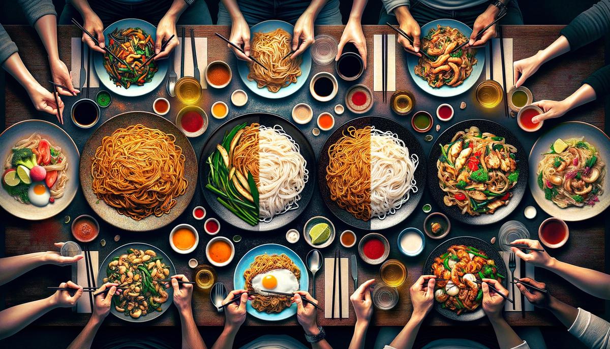 A realistic image of a plate of Lo Mein and Pad Thai side by side on a dinner table