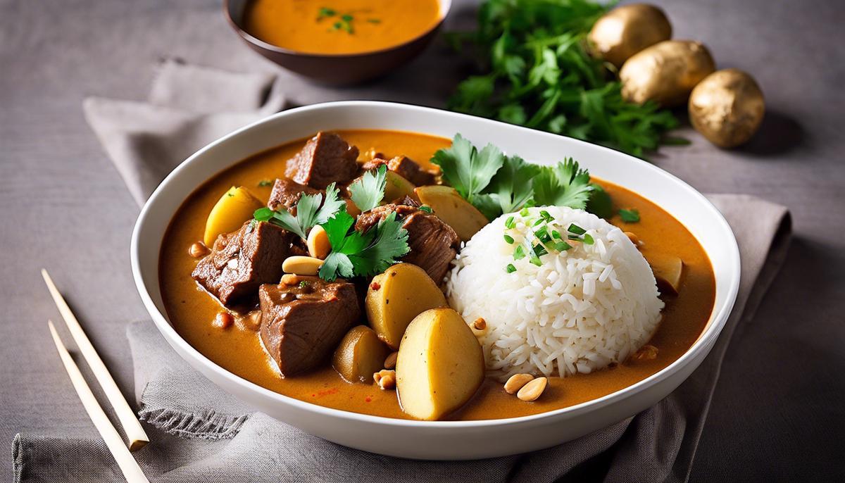 A vibrant and aromatic bowl of Massaman Curry, featuring tender beef, potatoes, and a rich peanut-tinged sauce.