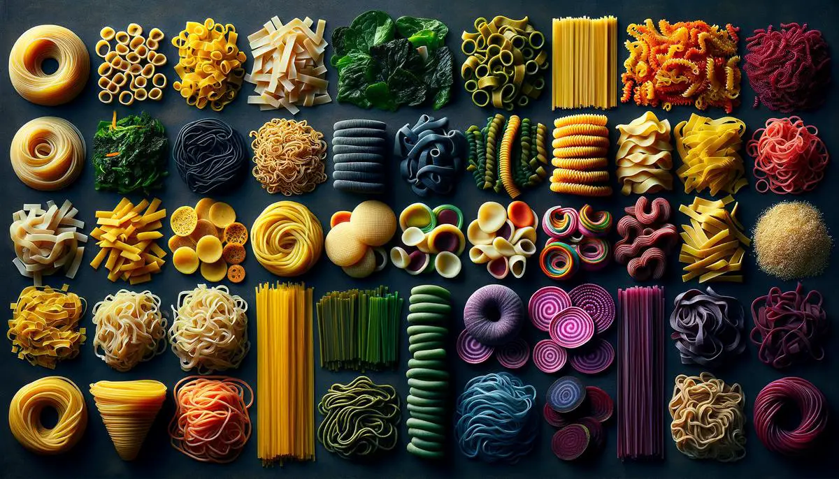 A variety of alternative noodles for Lo Mein, showcasing different shapes and colors