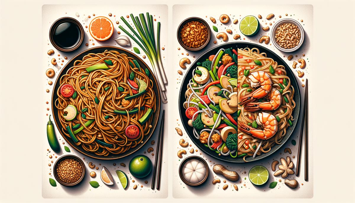 A comparison between Lo Mein and Pad Thai dishes, showcasing colorful and vibrant plates of noodles with various vegetables and proteins