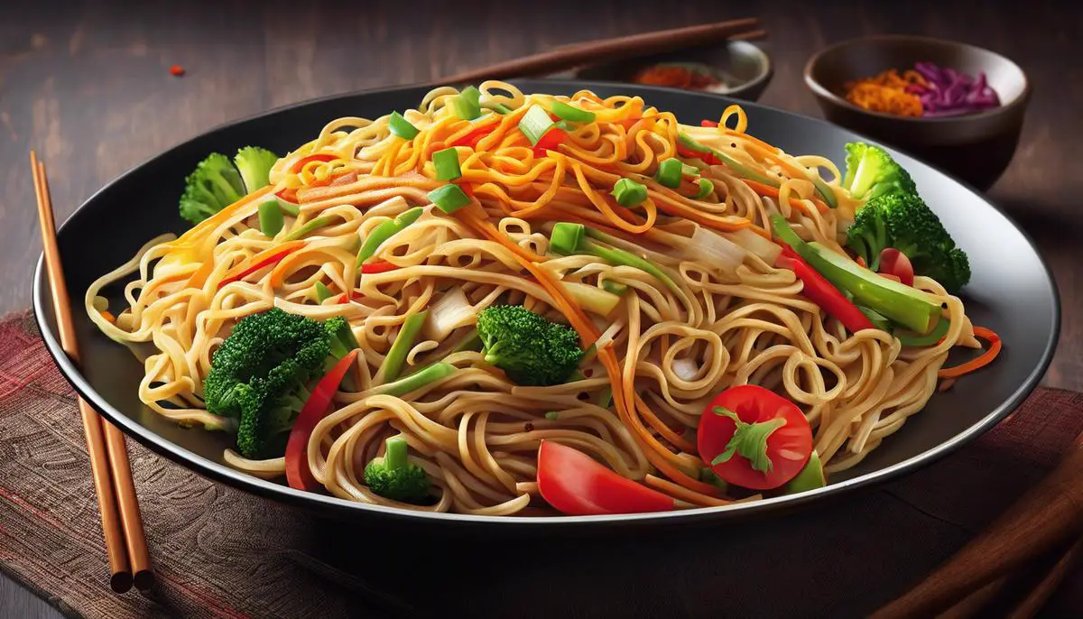 Illustration depicting a plate of colorful Chow Mein noodles with vibrant vegetables and aromatic spices