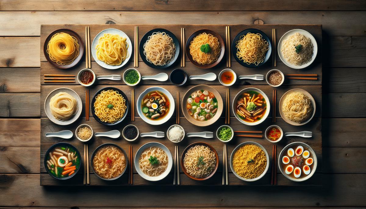 Various types of noodles displayed on a table